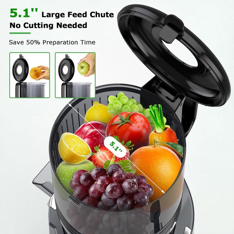 OMMO Cold Press Juicer Machines: 5.1" Wide Feed Chute Slow Masticating Juicer for Whole Fruits & Vegetables, Easy to Clean, High Juice Yield, BPA Free, Grey - Image 2